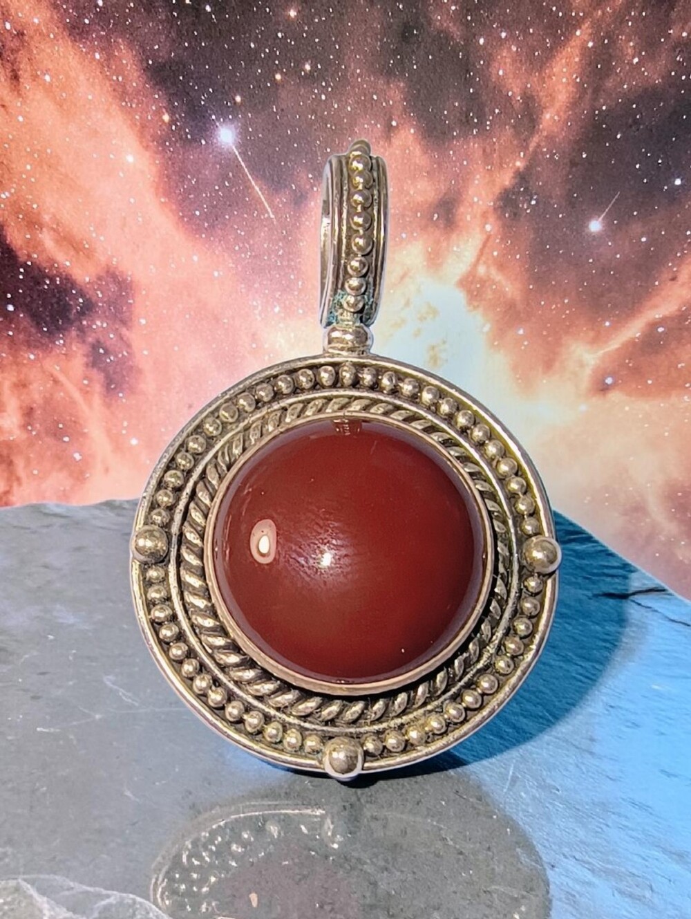 Suarti Bali Designer Round Red Carnelian Gemstone Pendant in Sterling Silver